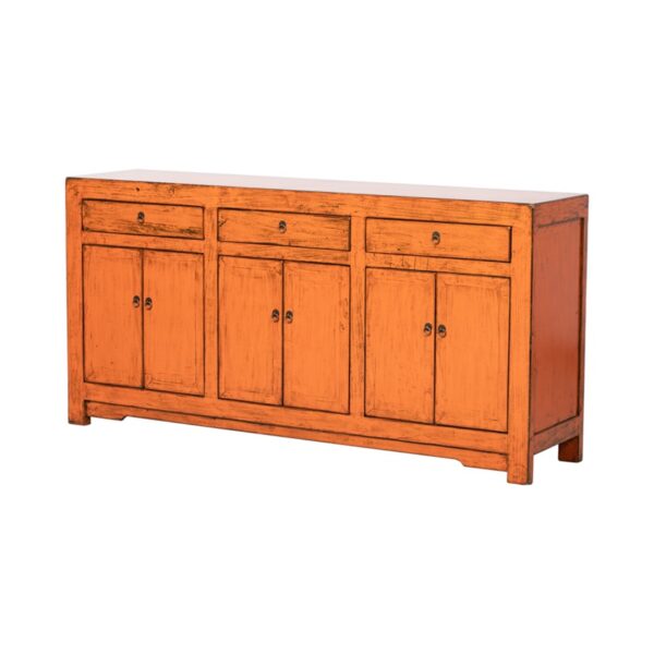 BE704 Aparador de gran tamaño diseño oriental 195 madera naranja con desgastes