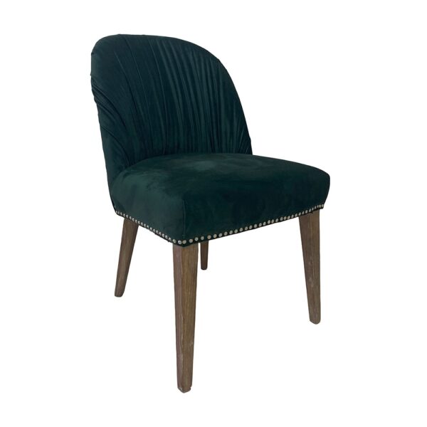 MALTA Silla diseño Art Decó madera decapada, terciopelo verde oscuro y tachuelas