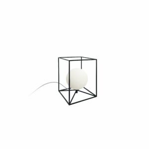 MT4033-BK Lámpara de sobremesa diseño moderno 26 cubo metal negro y esfera cristal opal mate