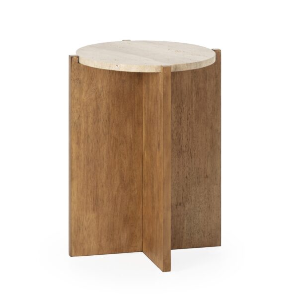 13480 Mesa auxiliar redonda diseño rústico vintage 40 madera natural y mármol travertino