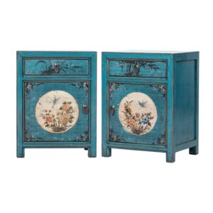 BK353 Pareja de mesitas de noche diseño oriental 45 madera azul verdoso motivos florales