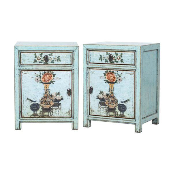 BK354 Pareja de mesitas de noche diseño oriental 45 madera azul claro motivos florales