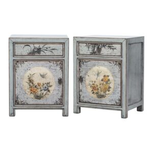 BK355 Pareja de mesitas de noche diseño oriental 45 madera gris motivos florales