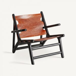 34772 Sillón butaca diseño vintage BOURTHES madera mango color negro y piel marrón