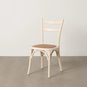 613852 Silla de diseño vintage madera de olmo color crema con asiento de ratán