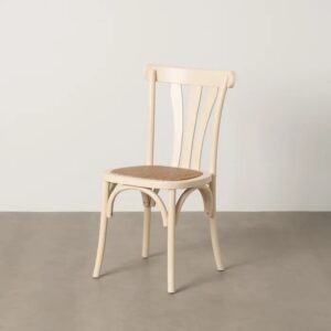613854 Silla de diseño vintage madera de olmo color crema y asiento de ratán
