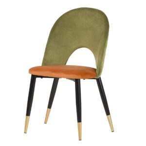 703126 Silla de diseño Art Decó terciopelo verde y naranja con patas negro y dorado