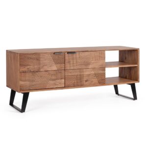 ISAR Mueble de televisión diseño rústico industrial 145 madera de acacia con tallas y patas de acero