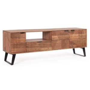 ISAR Mueble de televisión diseño rústico industrial 175 madera de acacia con tallas y patas de acero