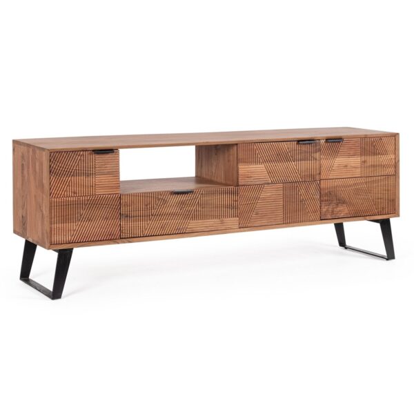 ISAR Mueble de televisión diseño rústico industrial 175 madera de acacia con tallas y patas de acero