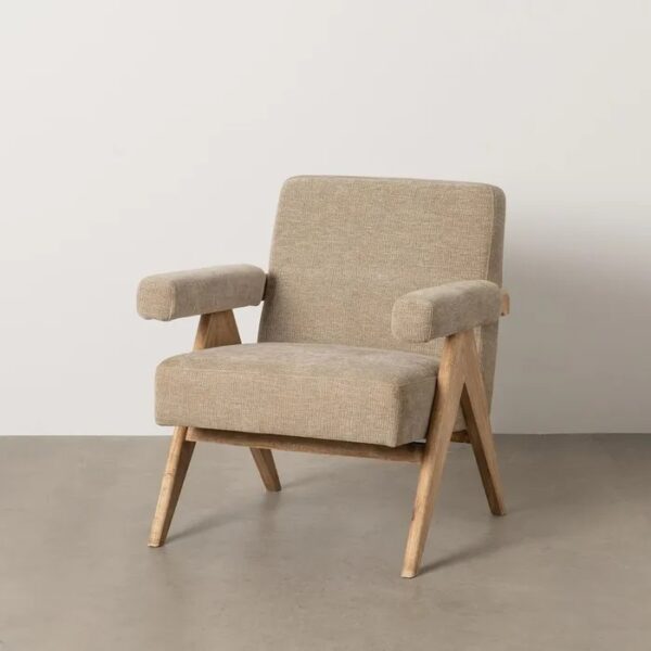 613614 Sillón butaca con reposabrazos diseño nórdico madera y tapizado beige