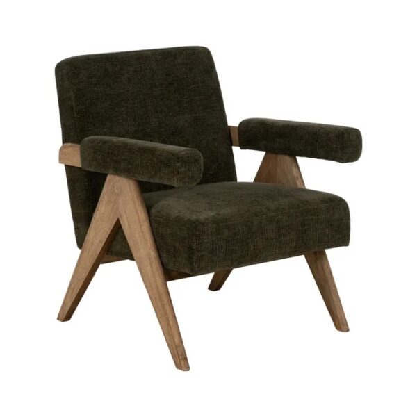 613615 Sillón butaca con reposabrazos diseño nórdico madera y tapizado verde