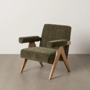 613615 Sillón butaca con reposabrazos diseño nórdico madera y tapizado verde