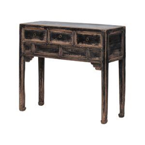 BF006 Consola de diseño rústico oriental 97 madera antigua de olmo negro con desgastes