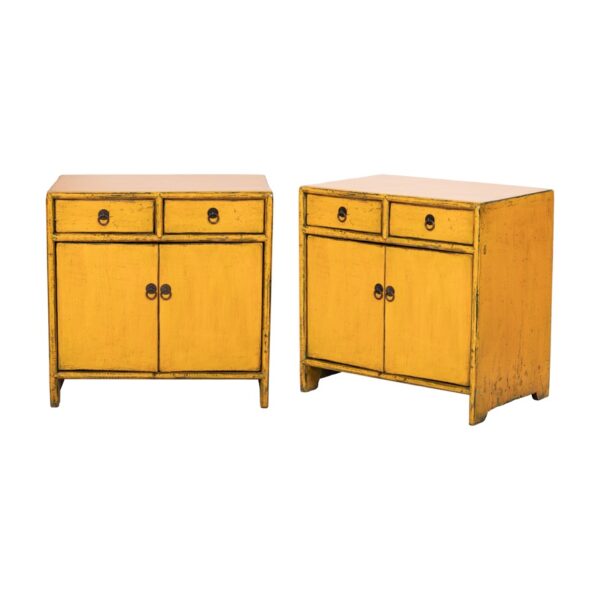 JN429 Pareja de mesitas de noche diseño oriental 59 madera antigua de pino amarillo con desgastes