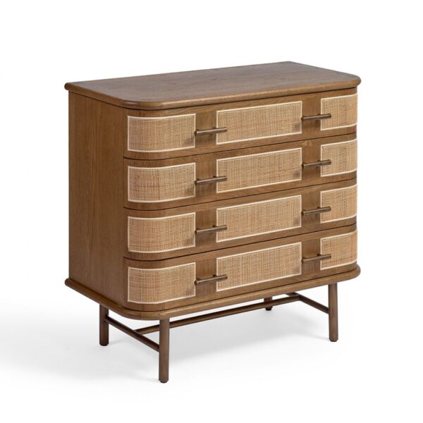 KRON-A Cómoda de diseño vintage 90 madera de roble con detalles en ratán natural
