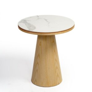MORGANA Mesa auxiliar redonda de diseño vintage 58 madera y sobre cerámico blanco