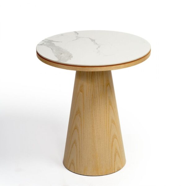 MORGANA Mesa auxiliar redonda de diseño vintage 58 madera y sobre cerámico blanco