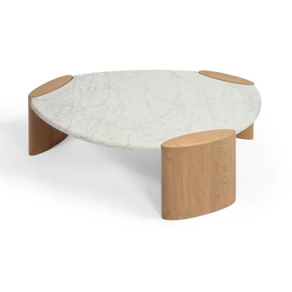 TRIESTE Mesa de centro diseño moderno 116 madera de roble y mármol blanco