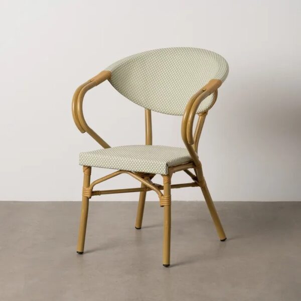 614716 Silla con reposabrazos diseño moderno textileno aguamarina y aluminio acabado madera