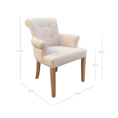 GISELA Sillón butaca diseño clásico lino beige con tachuelas y patas de roble