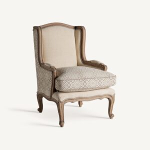 35396 Sillón de diseño clásico TULLE madera de mango y tapizado beige patrón de rombos