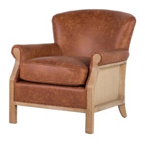 950010 Sillón butaca con reposabrazos de diseño vintage madera de fresno y polipiel marrón