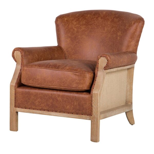950010 Sillón butaca con reposabrazos de diseño vintage madera de fresno y polipiel marrón