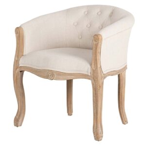 Butaca de diseño clásico madera y tapizado lino beige con capitoné