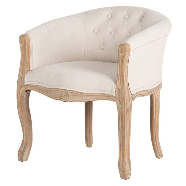 Butaca de diseño clásico madera y tapizado lino beige con capitoné