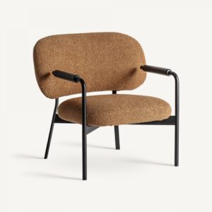 36099 Sillón butaca de diseño moderno JESSIE metal y madera negros con tapizado marrón