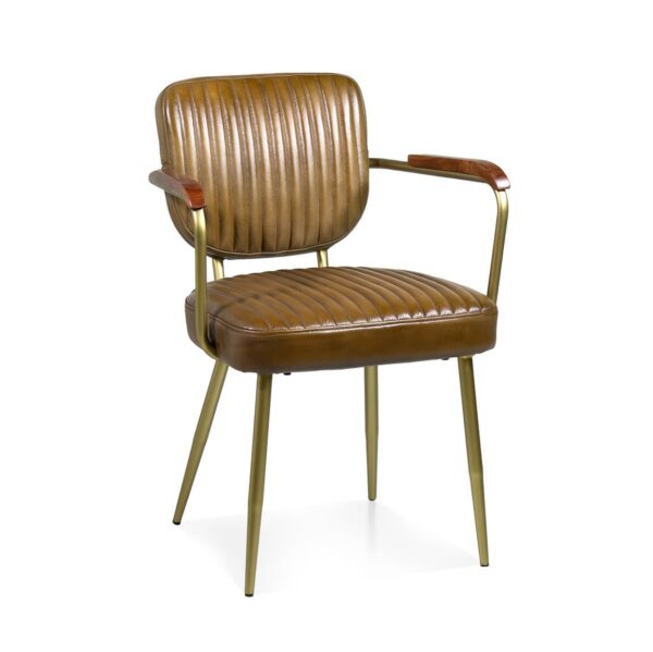 606200 Silla con reposabrazos diseño vintage CAMBRIDGE piel marrón y hierro dorado