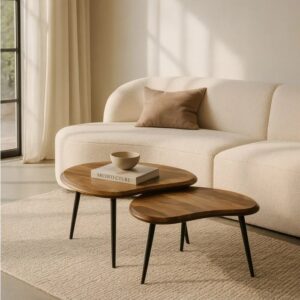 614763 Set de 2 mesas de centro diseño moderno 82-70 madera de mango y patas metal negro