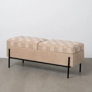 614797 Banco baúl de diseño moderno 121 hierro negro y tapizado beige con trenzado