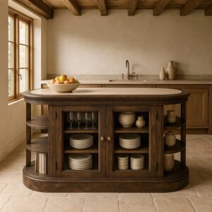 614967 Aparador isla de diseño vintage 140 madera de mango, mármol y puertas cristal