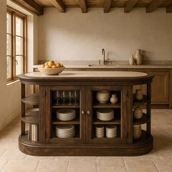 614967 Aparador isla de diseño vintage 140 madera de mango, mármol y puertas cristal