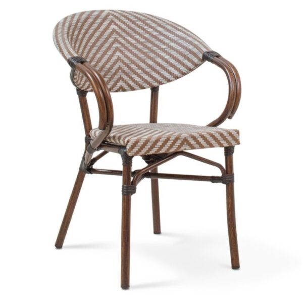 950908-MOK Silla con reposabrazos de diseño vintage RODEN aluminio acabado madera y textil blanco y marrón