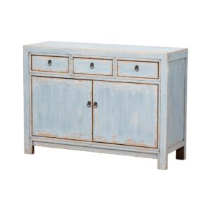 A755 Aparador de diseño rústico oriental 120 madera de olmo azul claro con desgastes