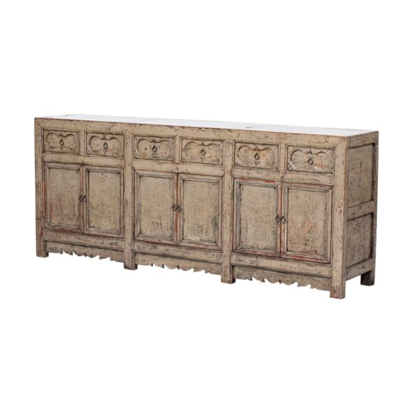 GM258 Aparador de gran tamaño diseño oriental 223 madera antigua con tallas y desgastes