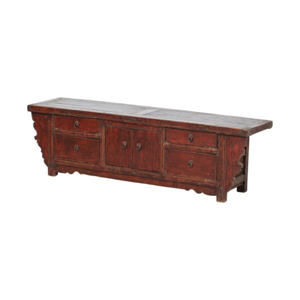 GM781 Mueble de televisión de diseño oriental 163 madera antigua rojo con desgastes