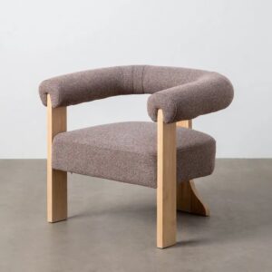 615252 Sillón butaca con reposabrazos madera formas redondeadas y tapizado gris rosa