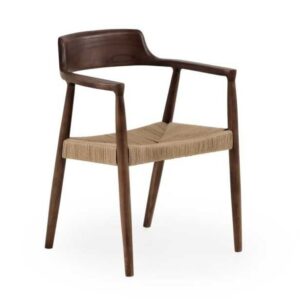 11595 Silla con reposabrazos de diseño nórdico vintage madera oscura y asiento trenzado