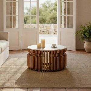 615238 Mesa de centro de diseño vintage 80 madera de mango y mármol