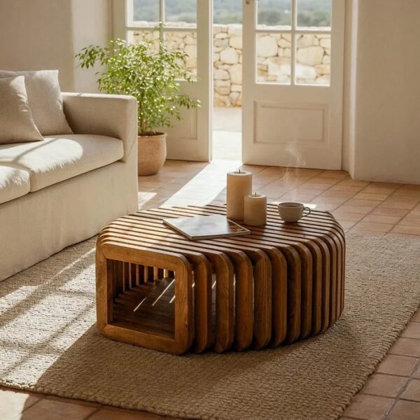 615239 Mesa de centro redonda diseño rústico 85 madera de mango natural