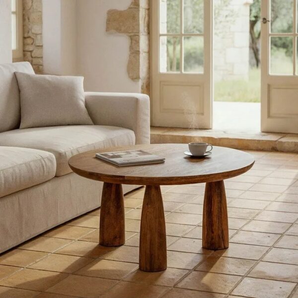 615240 Mesa de centro redonda de diseño rústico 75 madera de mango natural