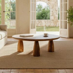 615241 Mesa de centro redonda de diseño rústico 90 madera de mango natural