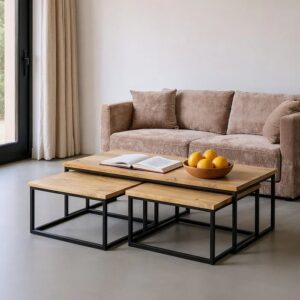 615298 Set de 3 mesas de centro de diseño industrial 130 madera de mango con hierro
