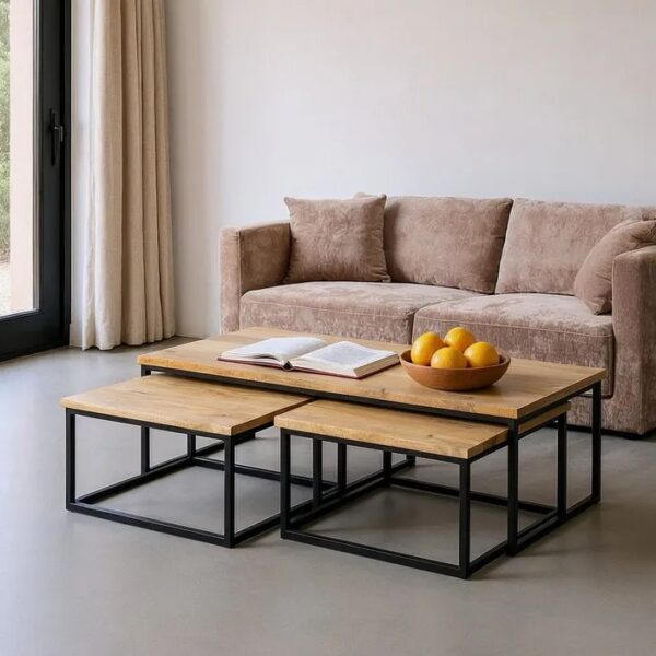 615298 Set de 3 mesas de centro de diseño industrial 130 madera de mango con hierro