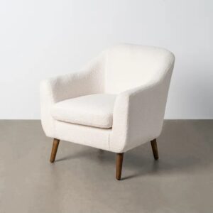 615355 Sillón con reposabrazos de diseño nórdico tapizado bouclé blanco y patas de madera