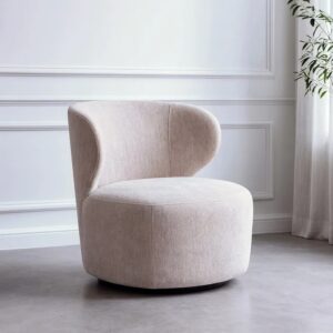 615437 Sillón giratorio de diseño moderno tapizado beige y base de hierro negro
